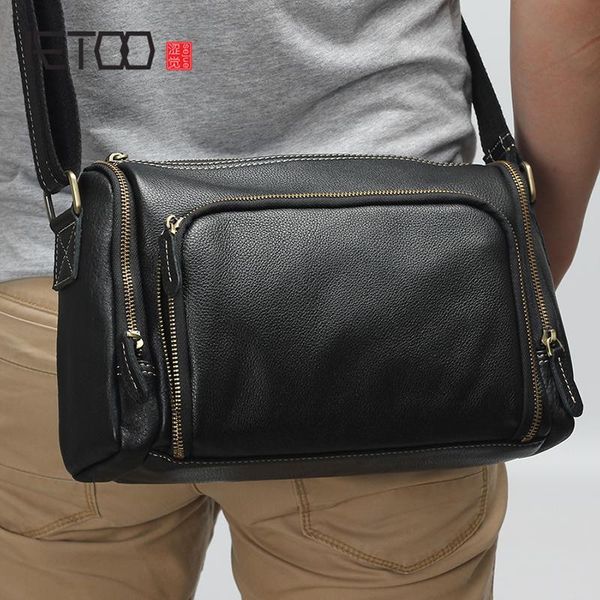 

HBP AETOO Head Cowhide Oblique Carry Male Bag Men's Horizontal Leather Shoulder Bag Casual Fashion Cow Bag, Black