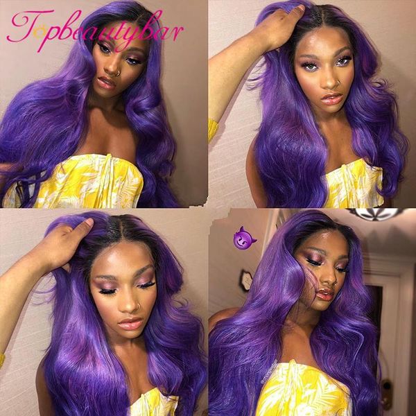 

lace wigs 1b/purple colored human hair for women pre plucked ombre front wig 180% purple remy brazilian wavy, Black;brown