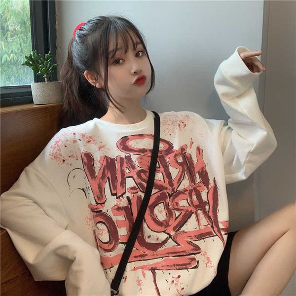 

autumn harajuku bf graffiti printing large size loose female college letter fun o-neck long sleeve ulzzang sweatshirt 210608, Black