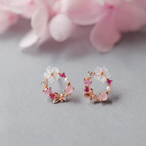 

stud delicate jewelry 585 rose gold shell flower earrings for women elegant butterfly zircon cz heart, Golden;silver