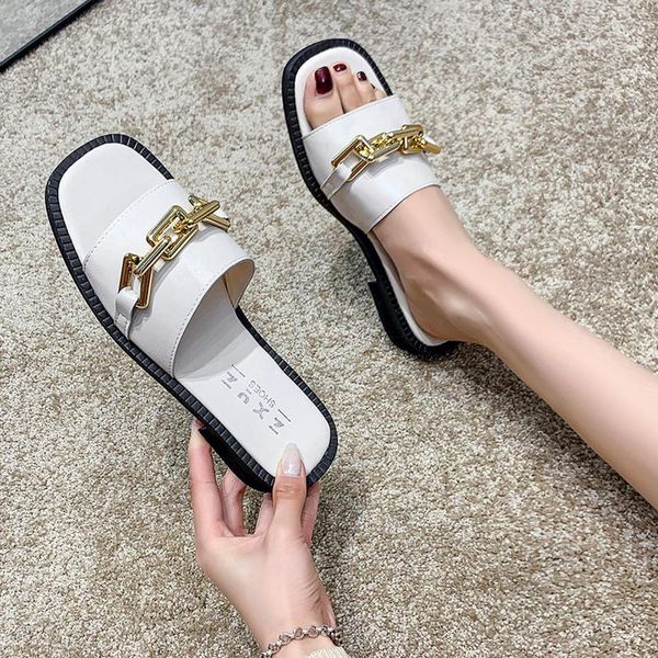 

slippers fashion metal chain flat heel casual slide summer outdoor beach sandals ladies flip flops 2021 large size women's shoes, Black