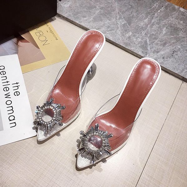 

2021 new women pvc transparent mules crystal cup heel summer shoes woman pointed toe slip on high heels party pumps 3bs8, Black