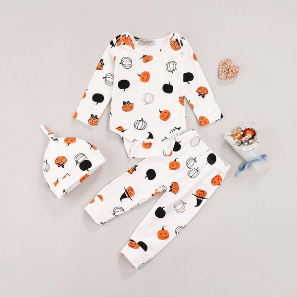 

clothing sets 3pcs baby girl boy suits outfits trousers pants suit long sleeve round neck cartoon halloween pumpkin romper jogger, White