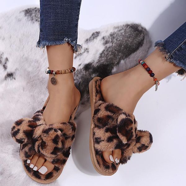 

slippers 2021 winter women fur color matching leopard design warm plush house bedroom ladies fluffy, Black