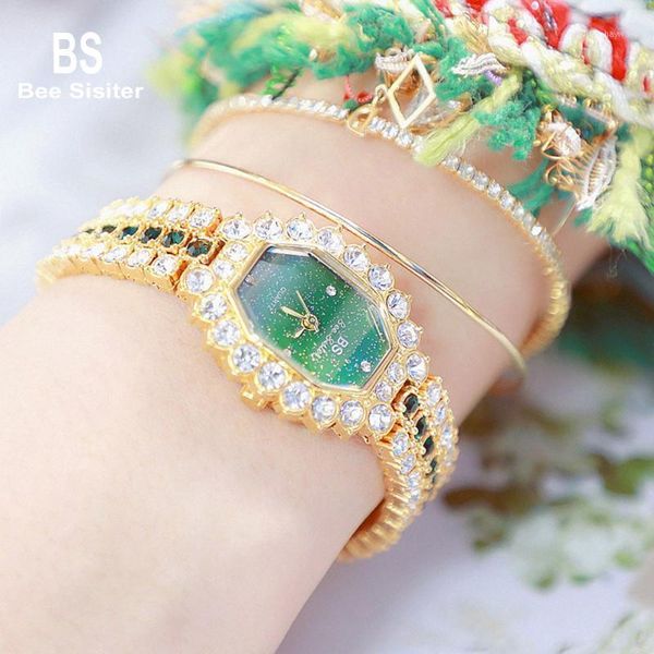 

bee sister women watches shining square dial style dress full blue diamond mosaic waterproof ladies wristwatches fa1581, Slivery;brown
