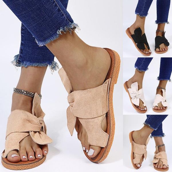 

slippers women spring summer solid color bow flat non-slip durable beach casual versatile home sandals, Black