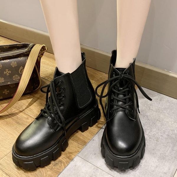 

boots women ankle lace up platform 2021 autumn winter black leather shoes woman waterproof warm motorcycle boot botas mujer