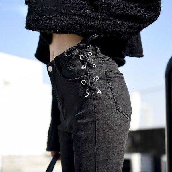 

vintage tassel slim lace up jeans skinny black mom jeans women high waist denim pants 3xl plus size trousers streetwear, Blue