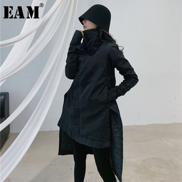 

eam] asymmetrical turtleneck cotton-padded coat long sleeve loose fit women parkas fashion tide new spring autumn ya77101 201014, Black