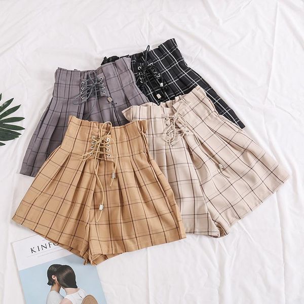 

shorts autumn women vintage plaid drawstring shorts summer female casual elastic high waist, White;black