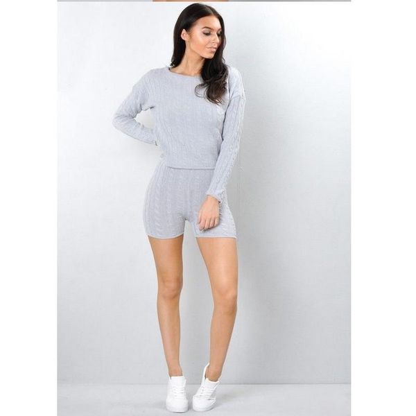 

women's tracksuits womens kintted set fashion crop lounge wear ladies solid color batwing sleeve pullover and shorts 2pcs tracksuit, Gray