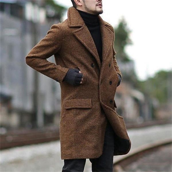 

men's wool & blends coats autumn winter 2021 double-breasted mid-length business turn-down collar trench solid color men overcoats, Black