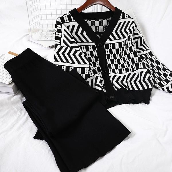 

two piece dress spring elegant pants set women v-neck printed cardigan sweater coat + loose knitted wide leg trousers two-piece female, White