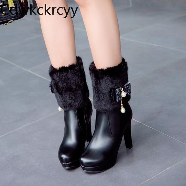 

boots winter the fashion side zipper fang he women pink sweet sequin bow plus velvet keep warm high heel 34-43, Black