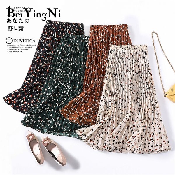 

beiyingni fashion vintage skirt women floral print casual chiffon pleated midi skirts womans spring autumn faldas summer saias 210311, Black