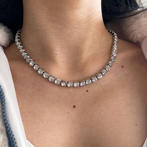 

chokers mogaku women concise crystal necklace men rhinestones thick chains party temperament clavicle necklaces fashion jewelry, Golden;silver