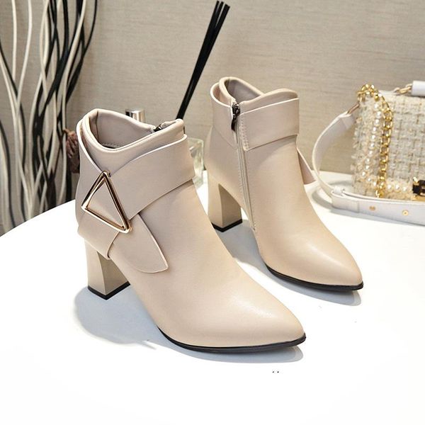 

boots winter short women fashion thick heel pointed toe korean trend women's high heels, Black