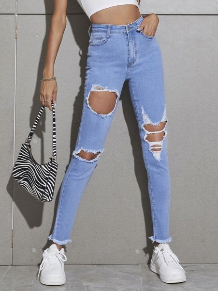 

high waist ripped skinny jeans m33c#, Blue