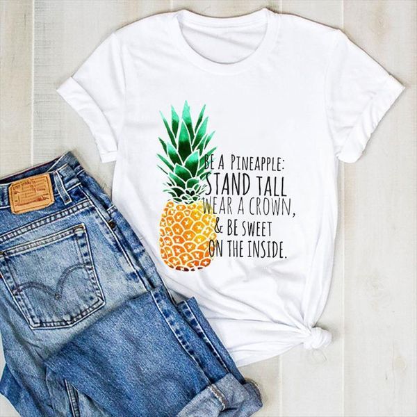 

pineapple letters sweet print fruit women t shirt beach summer tee graphic, White