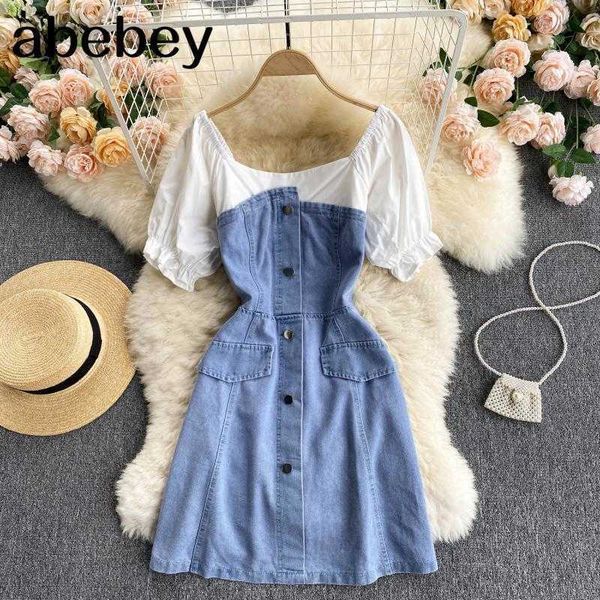 

women retro denim dress korean short sleeve a line dresses summer fashion streetwear short dress 210715, Black;gray