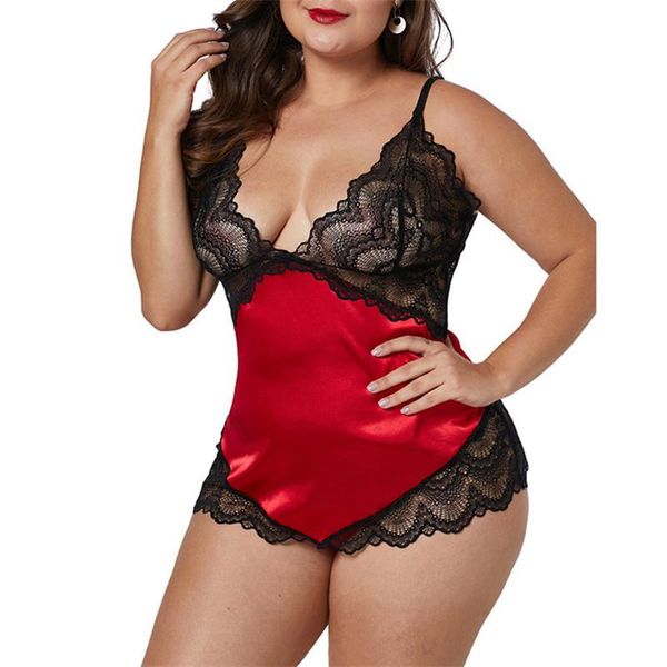 

women's sleepwear lace patchwork satin nightgown mini sleeveless dresses 2021 plus size charming night dress womens v-neck sheer, Black;red