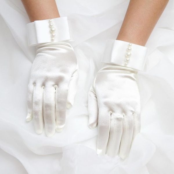 

bridal gloves short full fingers faux pearl beaded womens wedding with bow satin, White