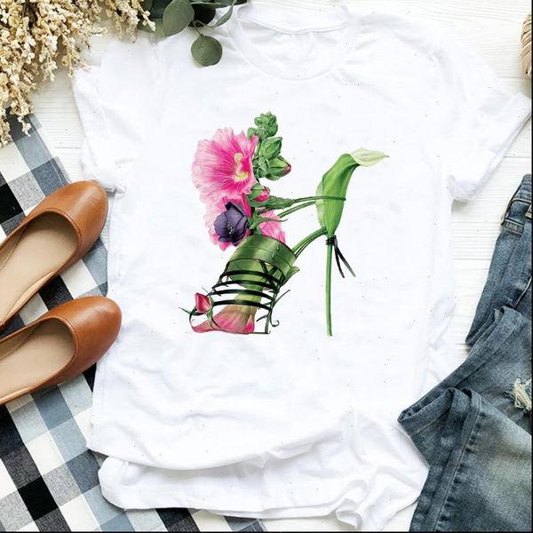 

floral high women t shirts heels shoes print shirt short sleeve o neck loose tshirt tee female clothes camisetas, White