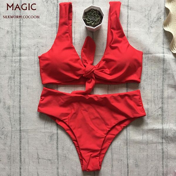 

new bowknot high waist solid red pink bikini set women swimsuit ladies bathing suit for female swimswear beach swimming suit, White;black