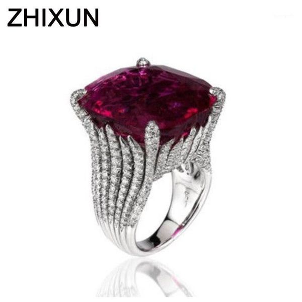 

cluster rings luxury red stone cocktail for women gift fashion jewelry bright cubic zircon wedding band statement z5c1181, Golden;silver