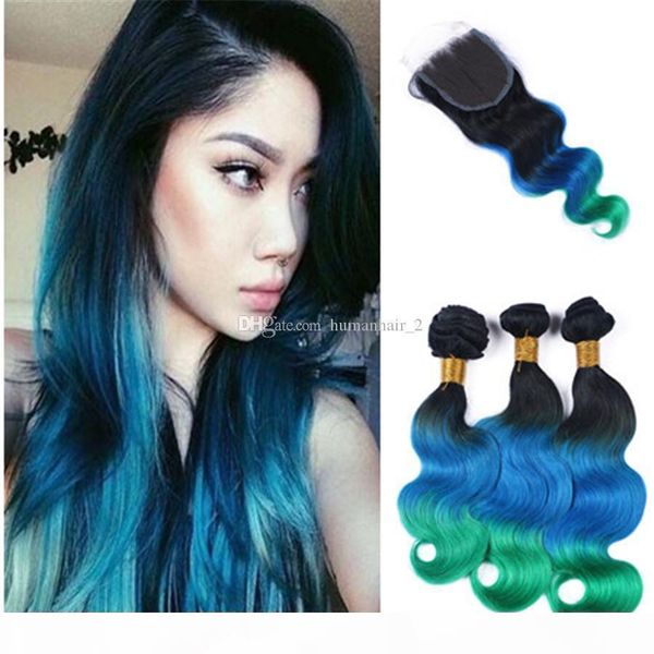 

dark root #1b blue green human hair bundle with lace closure middle three part closure with body wave virgin peruvian hair, Black;brown