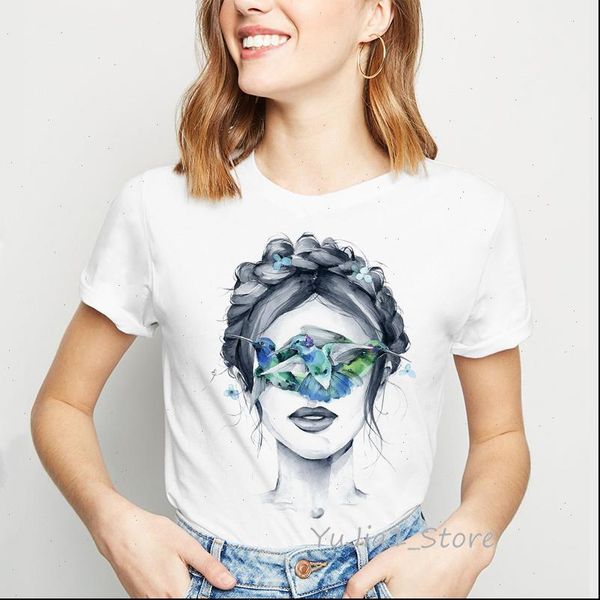 

summer female white t shirt watercolor birds print tshirt women vintage t shirt femme fashion t shirts