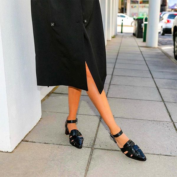 

sandals women buckle weave hollow out female square med heels pointed toe shoes ladies office summer footwear big size, Black