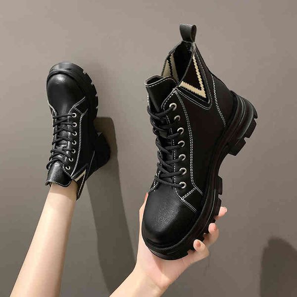 

boots women's fashionable leather boots, casual shoes with shoelaces and thick, light breathable bottom, for the autumn njyn, Black