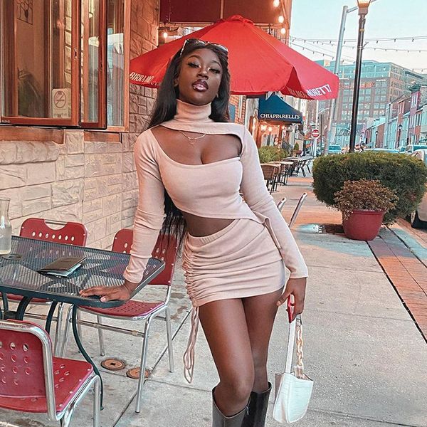 

cut-out fashion ruched drawstring skirts 2 piece set outfits women long sleeve hollow out matching set party clubwear 2021, Black