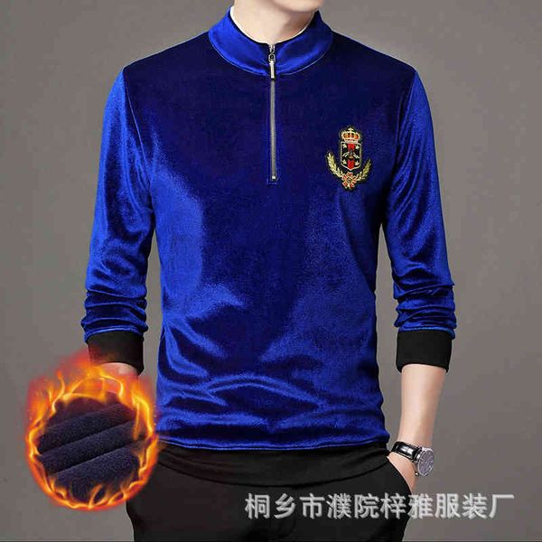 

straight hair autumn winter men's long sve golden veet thickened plush t-shirt middle-aged young people's stand collar semi zipper, Black