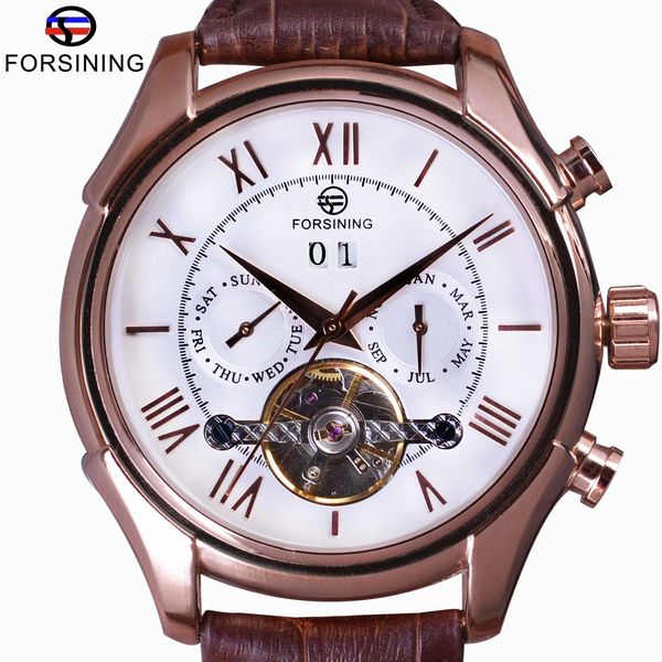

forsining royal classic rose gold case brown lederen band kalender tourbillion mannen automatische horloge erk luxe polshorloge, Slivery;brown