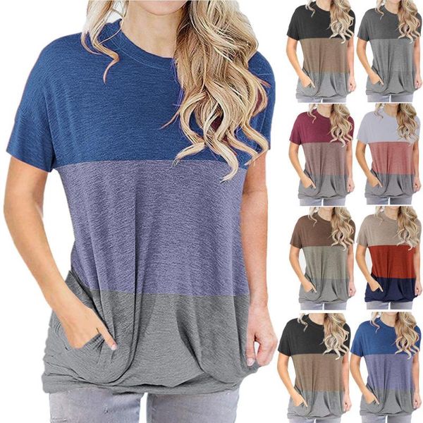 

women's t-shirt 2021 spring and summer color matching round neck loose bat short sleeve pocket, White