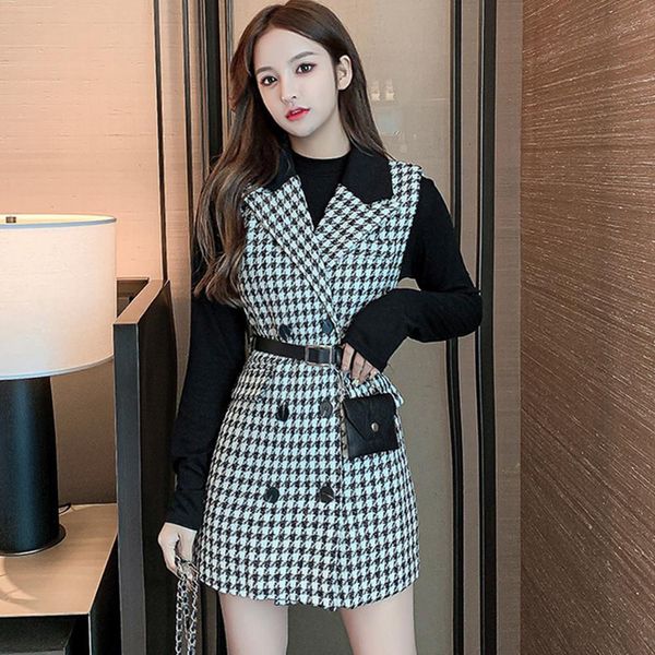 

two piece dress set turtleneck long sleeve +houndstooth sleeveless turndown collar double breasted vest suit, Gray