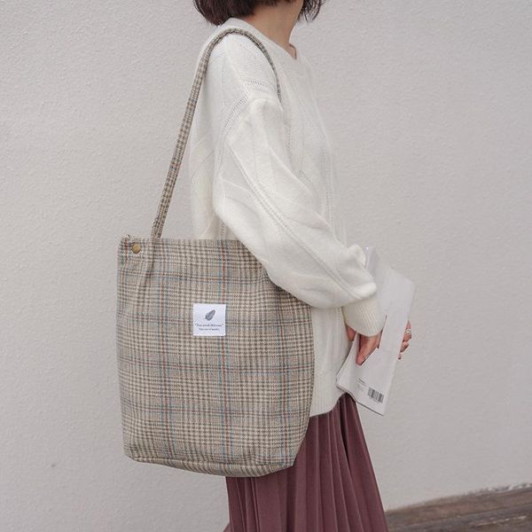 

plaid patterns women woolen shoulder bag ladies checked canvas handbags casual tote soft cloth large capacity shopping bags