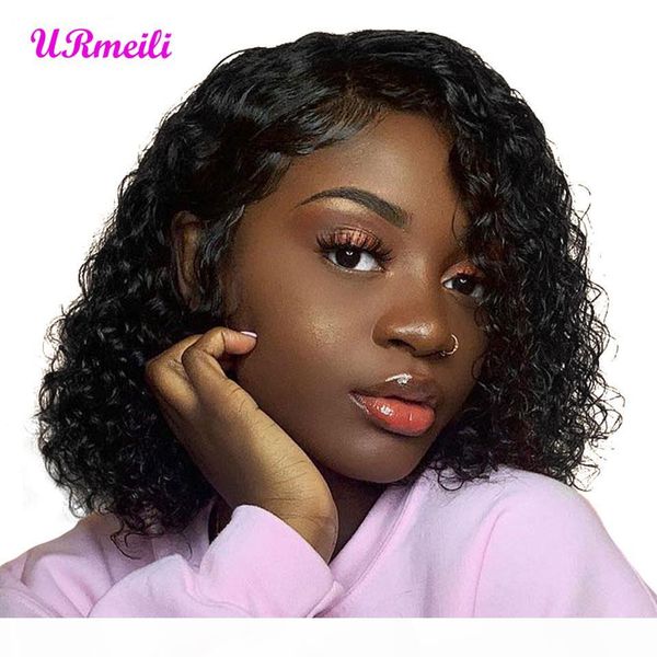 

13x4 short kinky curly bob wigs brazilian lace front human hair wigs for black women with baby hair jerry curly lace frontal wig, Black;brown
