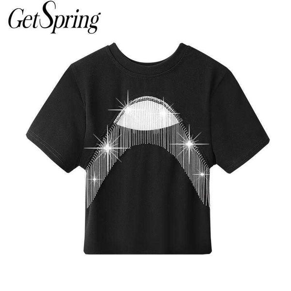 

getspring women t shirt assel hollow out ee female short sleeve shirts summer s fashion shirt black 210601, White