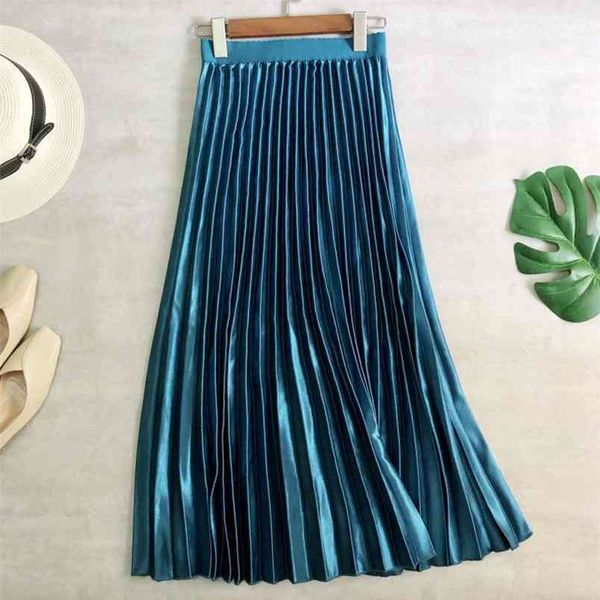 

summer arrival elastic high waist thin simple all-match elegant casual women a-line pleated long skirt 210527, Black