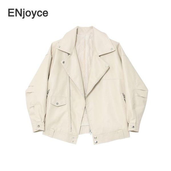

autumn winter women faux soft leather loose jacket coat white turndown collar pu motorcycle overcoat female rivet punk jackets, Black