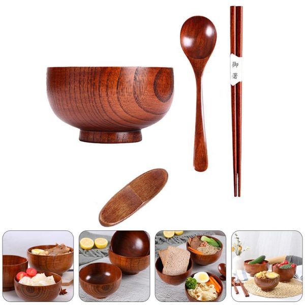 

bowls 1 set wooden remen bowl tableware spoon chopsticks rest (assorted color)
