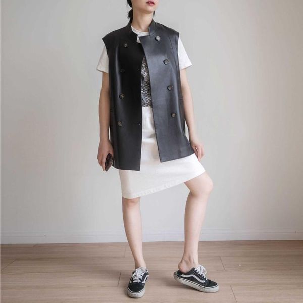 

women's vests japan style spring autumn genuine leather real waistcoat b643, Black;white