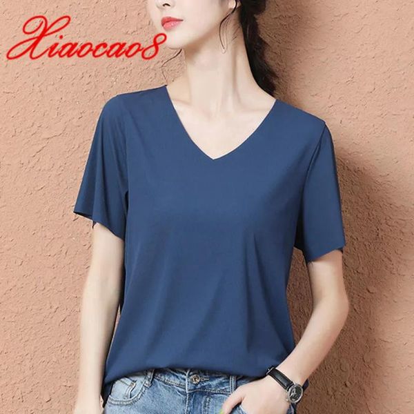 

women's t-shirt 2 pcs summer ice silk short sleeve tees t shirt women v neck loose solid woman t-shirts femme casual, White