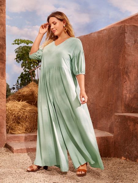 

plus v-neck drop shoulder wide leg jumpsuit s1cu#, Black