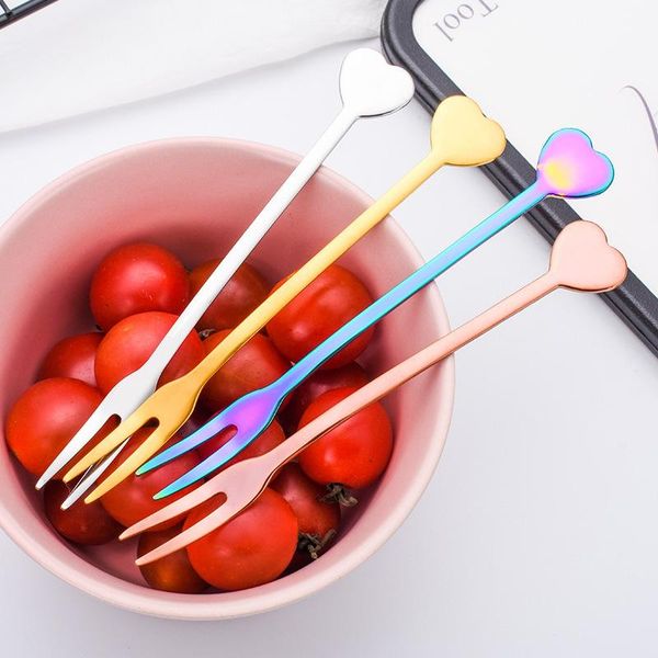 

5pcs stainless steel fruit fork gold plated fork long handle heart ice cream coffee spoon spoons