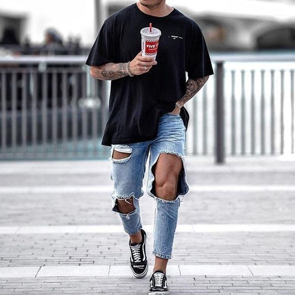 

men's jeans loose ripped men male skinny trousers cozy all match students daily casual streetwear hole denim pants, Blue