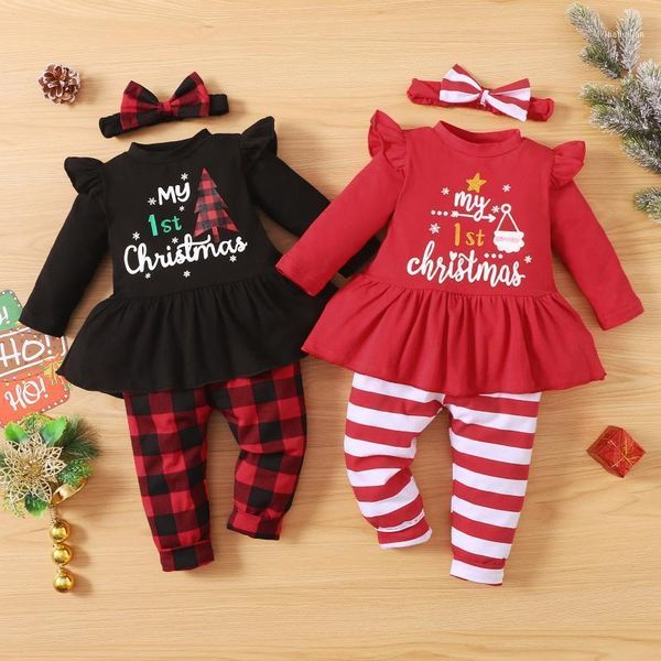 

clothing sets infant baby girls clothes suits christmas xmas cartoon letter printed ruffles t-shirts + striped pants outfits toddler1, White